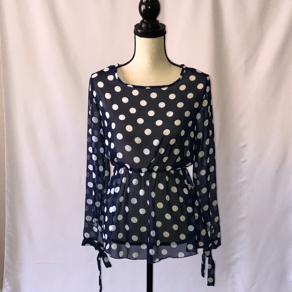 Womens sheer see thru blue polka dot blouse NWT